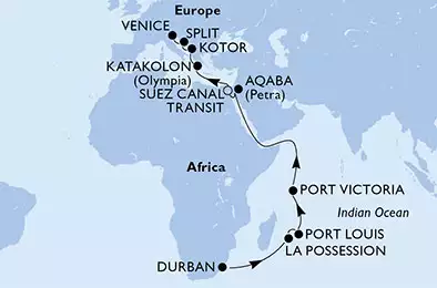 MSC MUSICA - Itinerario di 24 notti partendo da DURBAN, SOUTH AFRICA il 26/04/2019 - Sudafrica, Réunion, Mauritius, Seychelles, Giordania, Egitto, Grecia, Montenegro, Croazia, Italia