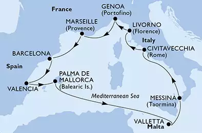 MSC SINFONIA - Itinerario di 10 notti partendo da GENOVA il 17/12/2018 - Italia, Francia, Spagna, Malta