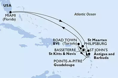 MSC DIVINA - Itinerario di 10 notti partendo da MIAMI, UNITED STATES il 31/01/2019 - USA, Antigua-Barbuda, Saint Kitts - Nevis, Isole Vergini (Britanniche), Guadalupe, St. Maarten