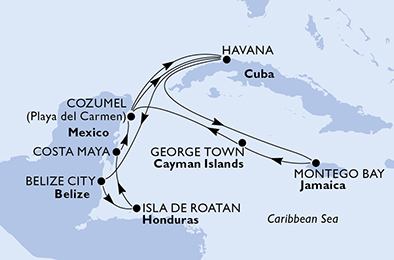 Cuba, Giamaica, Isole Cayman, Messico, Belize, Honduras