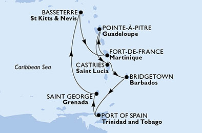 Martinica, Guadalupe, Saint Lucia, Barbados, Trinidad e Tobago, Grenada, Saint Kitts - Nevis