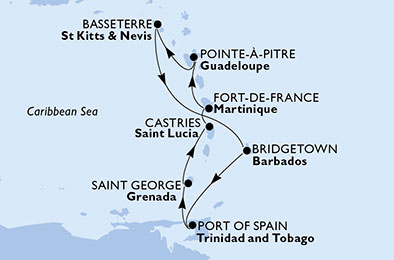 Martinica, Guadalupe, Saint Kitts - Nevis, Barbados, Trinidad e Tobago, Grenada, Saint Lucia