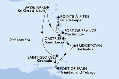 Guadalupe, Saint Lucia, Barbados, Trinidad e Tobago, Grenada, Saint Kitts - Nevis, Martinica