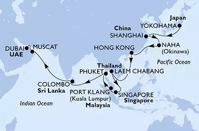 MSC SPLENDIDA - Itinerario di 30 notti partendo da YOKOHAMA,  JAPAN il 08/11/2018 - Giappone, Cina, Hong Kong, Tailandia, Singapore, Malesia, Sri Lanka, Oman, Emirati Arabi Uniti