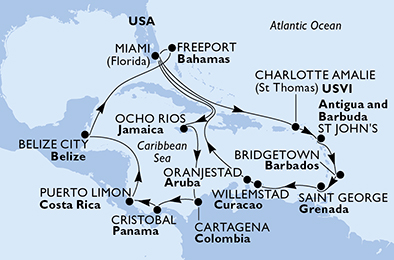 USA, Isole Vergini (USA), Antigua-Barbuda, Barbados, Grenada, Aruba, Giamaica, Colombia, Panama, Costa Rica, Belize, Bahamas