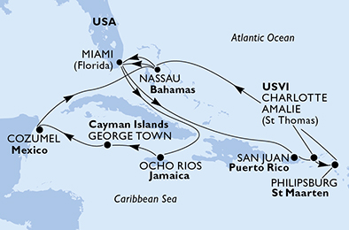 USA, Porto Rico, Isole Vergini (USA), St. Maarten, Bahamas, Giamaica, Isole Cayman, Messico