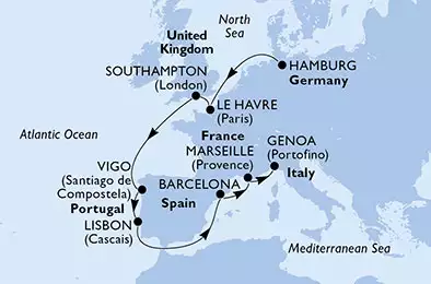 MSC PREZIOSA - Itinerario di 10 notti partendo da HAMBURG, GERMANY il 22/09/2019 - Germania, Francia, Regno Unito, Spagna, Portogallo, Italia