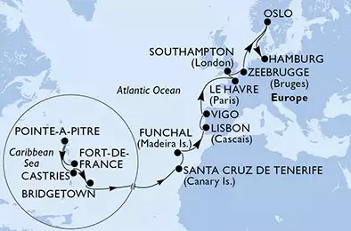MSC PREZIOSA - Itinerario di 21 notti partendo da FORT DE FRANCE, MARTINIQUE il 06/04/2019 - Martinica, Guadalupe, Saint Lucia, Barbados, Spagna, Portogallo, Francia, Regno Unito, Belgio, Norvegia, Germania