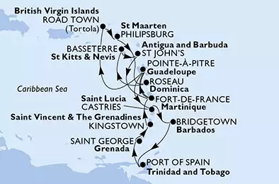 MSC PREZIOSA - Itinerario di 14 notti partendo da FORT DE FRANCE, MARTINIQUE il 15/02/2020 - Martinica, Guadalupe, Saint Lucia, Barbados, Trinidad e Tobago, Grenada, Saint Vincent & The Grenadines, Isole Vergini (Britanniche), St. Maarten, Dominica, Saint Kitts - Nevis, Antigua-Barbuda