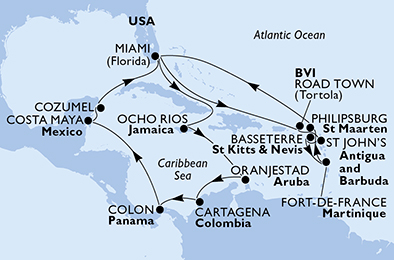 USA, Giamaica, Aruba, Colombia, Panama, Messico, Isole Vergini (Britanniche), Antigua-Barbuda, Saint Kitts - Nevis, Martinica, St. Maarten