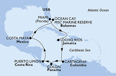 MSC DIVINA - Itinerario di 11 notti partendo da MIAMI, UNITED STATES il 27/12/2019 - USA, Giamaica, Colombia, Panama, Costa Rica, Messico, Bahamas