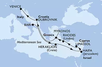 MSC LIRICA - Itinerario di 11 notti partendo da BARI il 10/11/2019 - Italia, Grecia, Israele, Cipro, Croazia