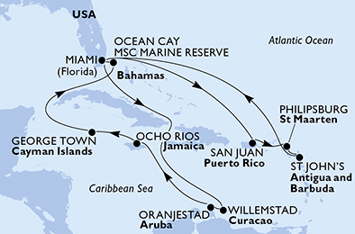 USA, Porto Rico, St. Maarten, Antigua-Barbuda, Aruba, Giamaica, Isole Cayman, Bahamas