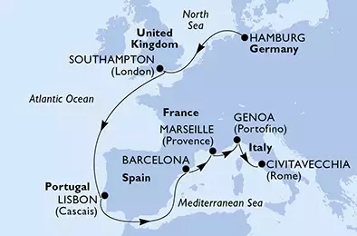MSC GRANDIOSA - Itinerario di 14 notti partendo da HAMBURG, GERMANY il 10/11/2019 - Germania, Regno Unito, Portogallo, Spagna, Francia, Italia