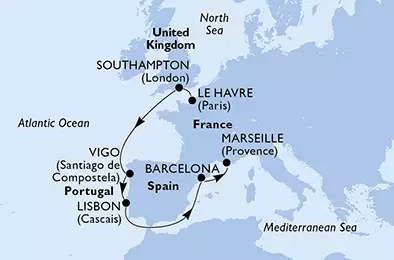 MSC PREZIOSA - Itinerario di 7 notti partendo da LE HAVRE, FRANCE il 24/09/2019 - Francia, Regno Unito, Spagna, Portogallo