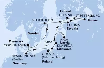 MSC POESIA - Itinerario di 11 notti partendo da WARNEMÜNDE, GERMANIA il 21/04/2020 - Germania, Polonia, Lituania, Lettonia, Estonia, Russia, Finlandia, Svezia, Danimarca