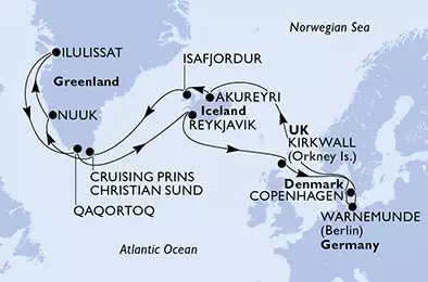 MSC POESIA - Itinerario di 21 notti partendo da WARNEMÜNDE, GERMANIA il 09/08/2020 - Germania, Islanda, Groenlandia, Regno Unito, Danimarca