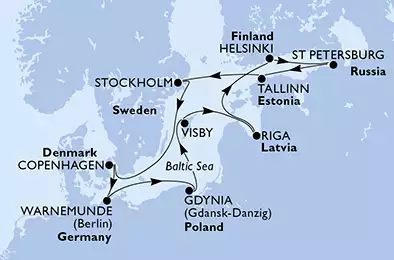 MSC POESIA - Itinerario di 11 notti partendo da WARNEMÜNDE, GERMANIA il 30/08/2020 - Germania, Polonia, Svezia, Lettonia, Finlandia, Russia, Estonia, Danimarca