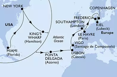 MSC MERAVIGLIA - Itinerario di 21 notti partendo da MIAMI, UNITED STATES il 12/04/2020 - USA, Bermuda, Portogallo, Spagna, Regno Unito, Francia, Danimarca, Germania
