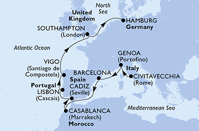 MSC SPLENDIDA - Itinerario di 11 notti partendo da CIVITAVECCHIA il 28/03/2020 - Italia, Spagna, Marocco, Portogallo, Regno Unito, Germania