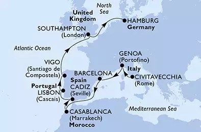 MSC SPLENDIDA - Itinerario di 11 notti partendo da CIVITAVECCHIA il 28/03/2020 - Italia, Spagna, Marocco, Portogallo, Regno Unito, Germania