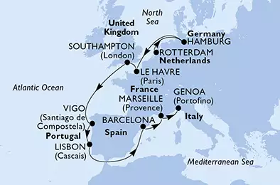 MSC PREZIOSA - Itinerario di 12 notti partendo da ROTTERDAM,  PAESI BASSI il 20/09/2019 - Olanda, Germania, Francia, Regno Unito, Spagna, Portogallo, Italia