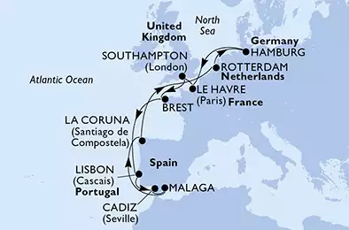 MSC PREZIOSA - Itinerario di 14 notti partendo da HAMBURG, GERMANY il 19/04/2020 - Germania, Francia, Regno Unito, Belgio, Olanda
