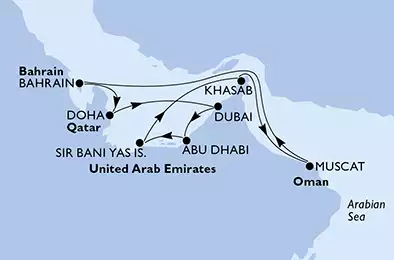 MSC LIRICA - Itinerario di 11 notti partendo da DUBAI il 11/12/2019 - Dubai,Dubai,Abu Dhabi,Sir Bani Yas Is,Khasab,Muscat,Bahrain,Doha,Doha,Dubai,Dubai