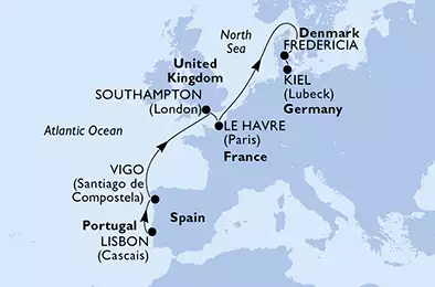 MSC MERAVIGLIA - Itinerario di 7 notti partendo da LISBON, PORTUGAL il 25/04/2020 - Portogallo, Spagna, Regno Unito, Francia, Danimarca, Germania