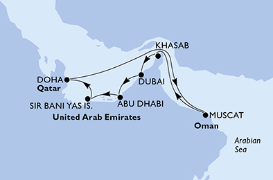 Dubai,Dubai,Abu Dhabi,Sir Bani Yas Is,Doha,Doha,Muscat,Muscat,Khasab,Dubai,Dubai