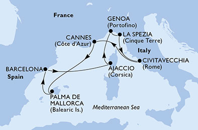 Genoa,La Spezia,Civitavecchia,Cannes,Palma de Mallorca,Barcelona,Ajaccio,Genoa