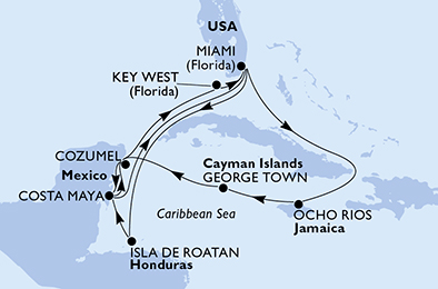 Miami,Isla de Roatan,Costa Maya,Cozumel,Key West,Miami,Ocho Rios,George Town,Cozumel,Costa Maya,Miami