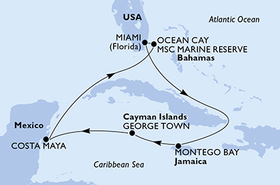 Miami,Montego Bay,George Town,Costa Maya,Ocean Cay,Miami