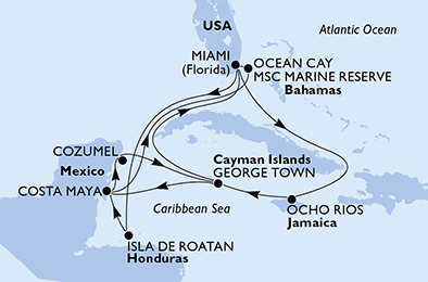 Miami,Isla de Roatan,Costa Maya,Cozumel,George Town,Miami,Ocho Rios,George Town,Costa Maya,Ocean Cay,Miami