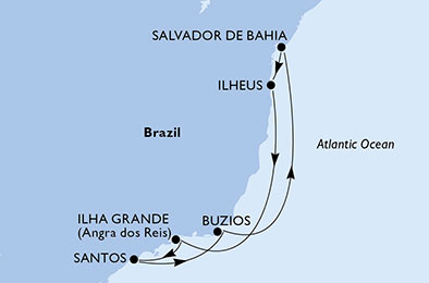 Salvador da Bahia, Ilheus, Ilha Grande, Santos, Buzios, Salvador da Bahia