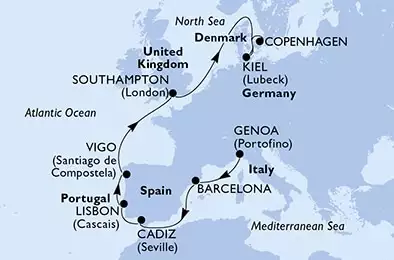 MSC VIRTUOSA - Itinerario di 11 notti partendo da GENOVA il 28/04/2021 - Italia, Spagna, Portogallo, Regno Unito, Germania, Danimarca