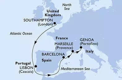 MSC GRANDIOSA - Itinerario di 11 notti partendo da SOUTHAMPTON, UNITED KINGDOM il 12/11/2019 - Regno Unito, Portogallo, Spagna, Francia, Italia