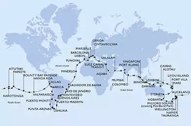 MSC POESIA - Itinerario di 116 notti partendo da CIVITAVECCHIA il 04/01/2022 - Italia, Francia, Spagna, Portogallo, Capo Verde, Brasile, Argentina, Uruguay, Cile, Peru, Isole Pitcairn, Polinesia Francese, Isole Cook, Nuova Zelanda, Australia, Nuova Caledonia, Vanuatu, Papua Nuova Guinea, Indonesia, Singapore, Malesia, Sri Lanka, India, Oman, Giordania, Egitto