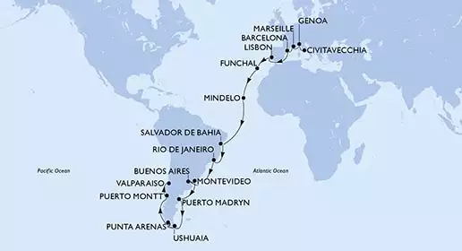 MSC POESIA - Itinerario di 37 notti partendo da CIVITAVECCHIA il 04/01/2022 - Italia, Francia, Spagna, Portogallo, Capo Verde, Brasile, Argentina, Uruguay, Cile