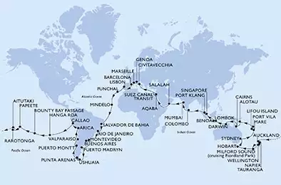 MSC POESIA - Itinerario di 116 notti partendo da GENOVA il 05/01/2022 - Italia, Francia, Spagna, Portogallo, Capo Verde, Brasile, Argentina, Uruguay, Cile, Peru, Isole Pitcairn, Polinesia Francese, Isole Cook, Nuova Zelanda, Australia, Nuova Caledonia, Vanuatu, Papua Nuova Guinea, Indonesia, Singapore, Malesia, Sri Lanka, India, Oman, Giordania, Egitto
