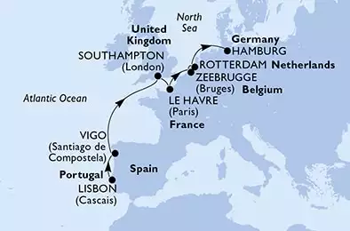 MSC PREZIOSA - Itinerario di 8 notti partendo da LISBON, PORTUGAL il 10/04/2021 - Portogallo, Spagna, Regno Unito, Francia, Belgio, Olanda, Germania