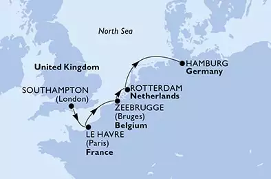 MSC PREZIOSA - Itinerario di 5 notti partendo da SOUTHAMPTON, UNITED KINGDOM il 13/04/2021 - Regno Unito, Francia, Belgio, Olanda, Germania