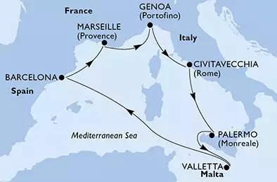 MSC GRANDIOSA - Itinerario di 7 notti partendo da GENOVA il 15/11/2021 - Italia, Malta, Spagna, Francia