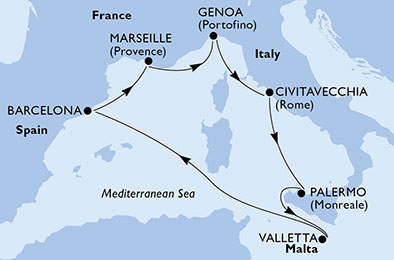 MSC GRANDIOSA - Itinerario di 7 notti partendo da CIVITAVECCHIA il 16/11/2021 - Italia, Malta, Spagna, Francia
