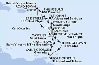 MSC SEAVIEW - Itinerario di 14 notti partendo da POINTE-A-PITRE, GUADELOUPE il 19/12/2021 - Guadalupe, Saint Lucia, Barbados, Trinidad e Tobago, Grenada, Saint Vincent & The Grenadines, Martinica, Isole Vergini (Britanniche), Antille Olandesi, Saint Kitts - Nevis, Antigua-Barbuda, Dominica