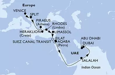 MSC OPERA - Itinerario di 20 notti partendo da VENEZIA il 25/10/2021 - Italia, Croazia, Grecia, Cipro, Egitto, Israele, Giordania, Oman, Emirati Arabi Uniti