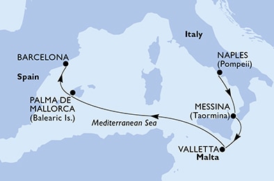 Naples,Messina,Valletta,Palma de Mallorca,Barcelona