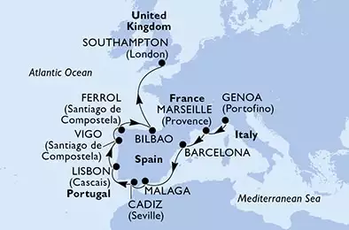 MSC MAGNIFICA - Itinerario di 11 notti partendo da GENOVA il 03/05/2021 - Genoa,Marseille,Barcelona,Malaga,Cadiz,Lisbon,Vigo,Ferrol,Bilbao,Southampton