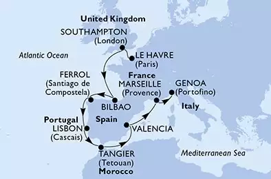 MSC MAGNIFICA - Itinerario di 11 notti partendo da LE HAVRE, FRANCE il 22/10/2021 - Francia, Regno Unito, Spagna, Portogallo, Marocco, Italia