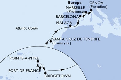 Fort de France,Pointe-a-Pitre,Bridgetown,Santa Cruz de Tenerife,Malaga,Barcelona,Marseille,Genoa